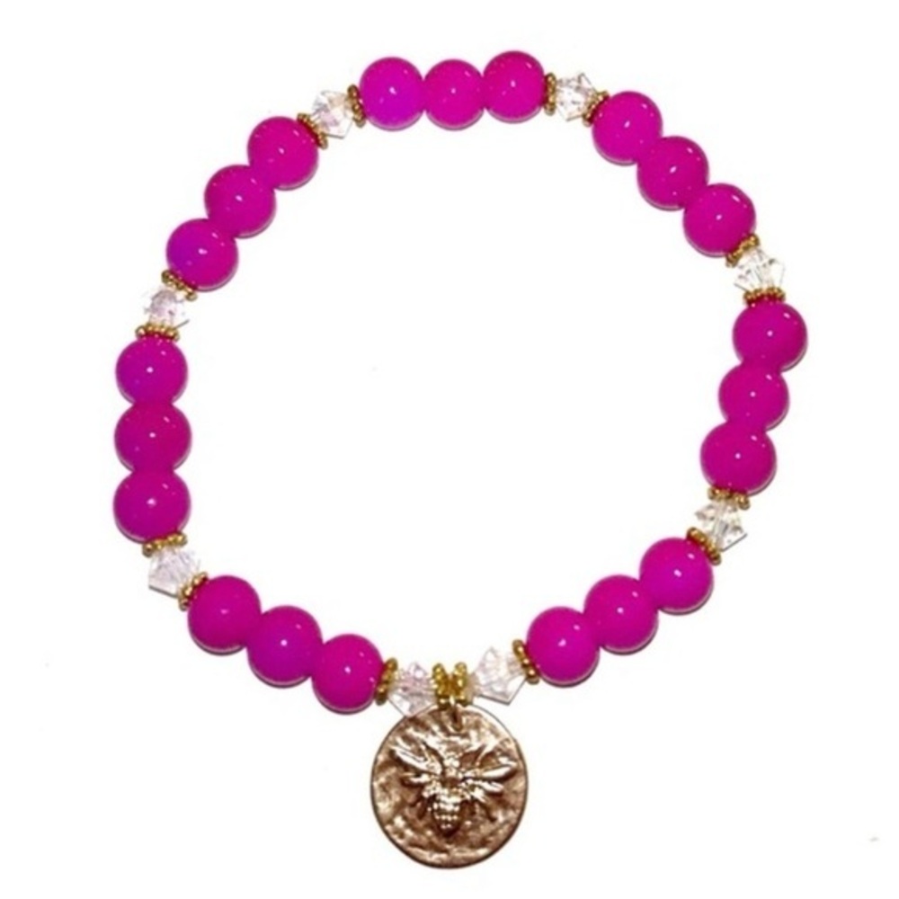 Pink Beaded Bracelet with Gold Bee Charm